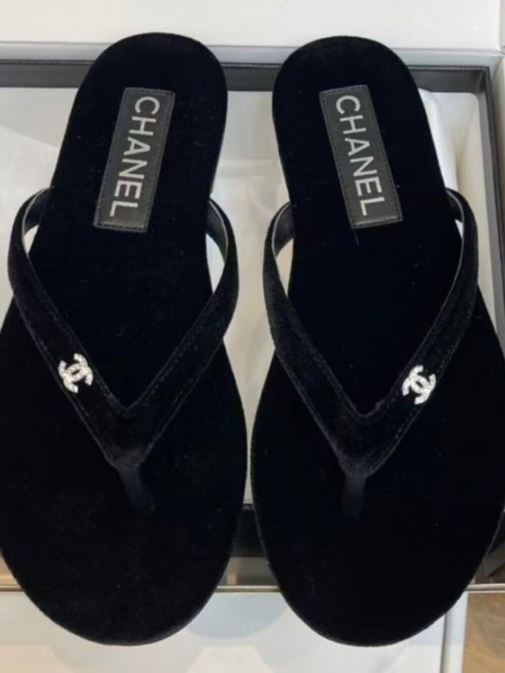 Chanel Black Velvet Crystal CC Logo Flip Flop Thong Slide Sandals